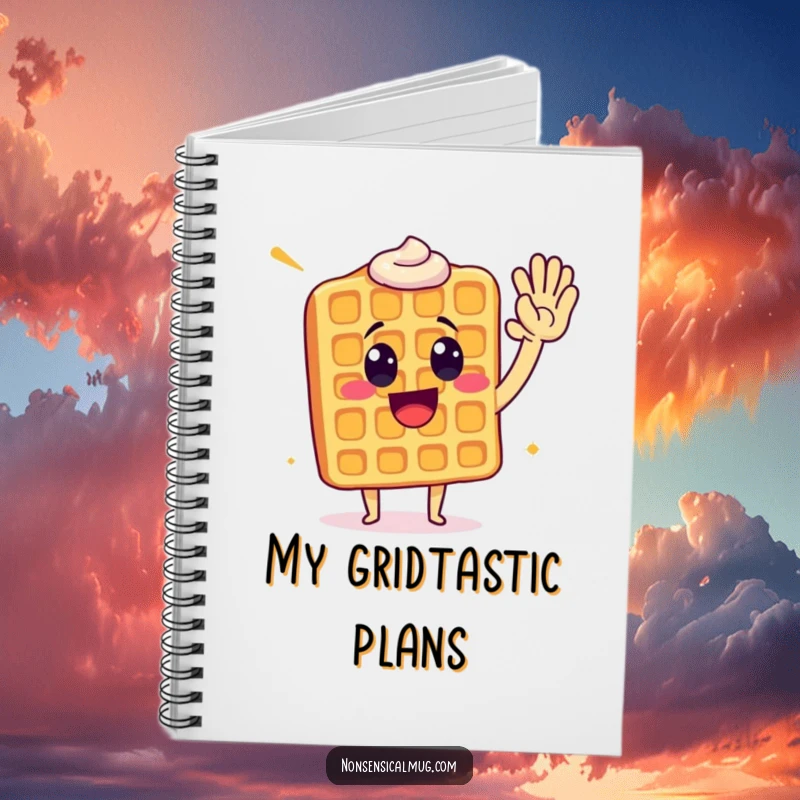 Funny waffle giving a high five, featured in a notebook for humorous and energetic note-taking.