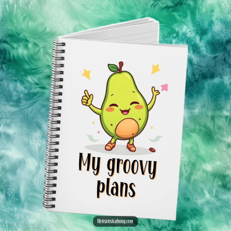Funny notebook cover with a winking avocado breakdancing with its pit, inspiring fun notes and groovy ideas.