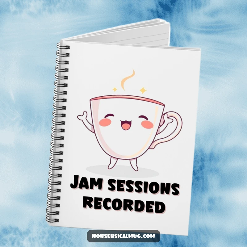 Funny teacup with small limbs, joyfully dancing on the cover of a notebook, encouraging creativity.