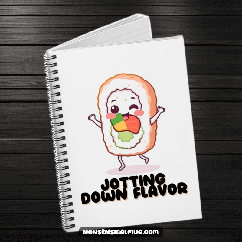 Funny sushi roll character dancing joyfully on the cover of a notebook, inspiring creativity and fun notes.