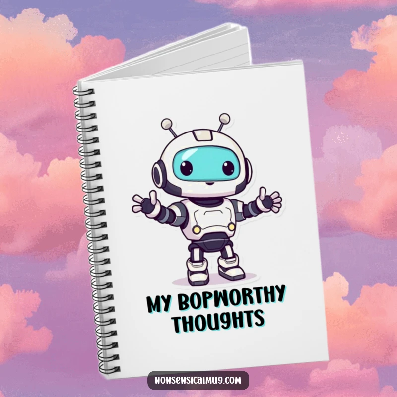 Funny robot notebook featuring a cute character doing a happy little bop, ideal for writing and sketching.