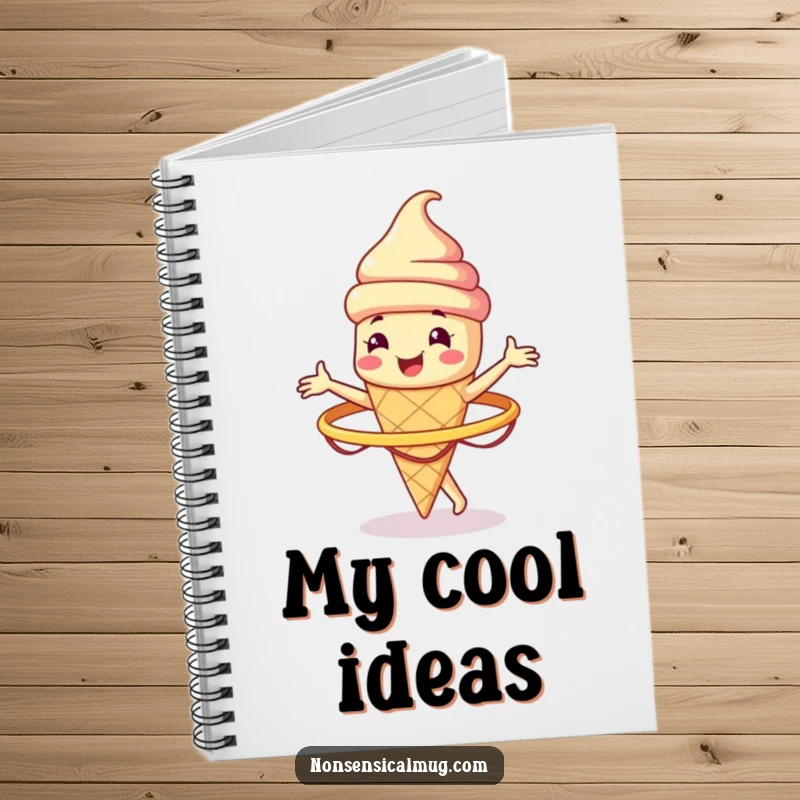 Funny smiling ice cream cone character spinning a hula hoop on the cover of a notebook, for humorous note-taking.
