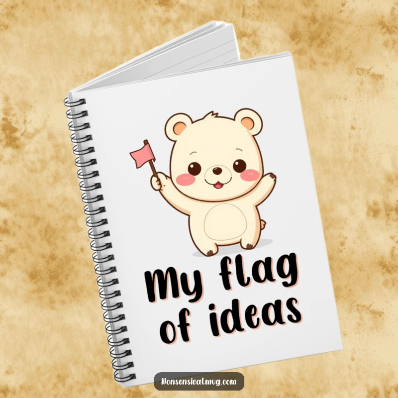 Funny Kawaii Bear Notebook: A happy kawaii bear waves a flag, inspiring cheerful notes and creative ideas.