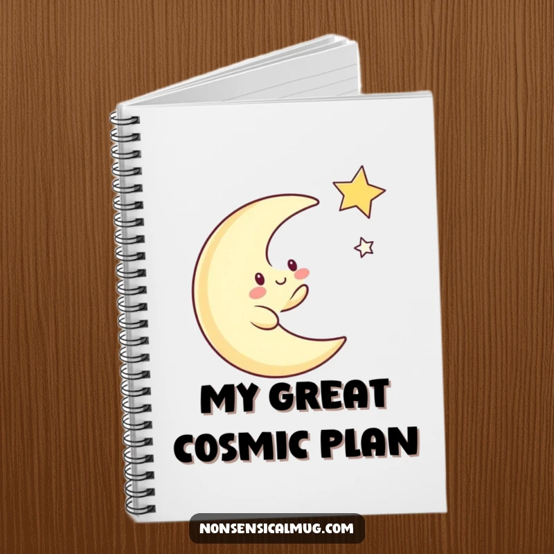 Funny notebook with a whimsical crescent moon character playfully chasing a twinkling star, perfect for jotting down cosmic thoughts.