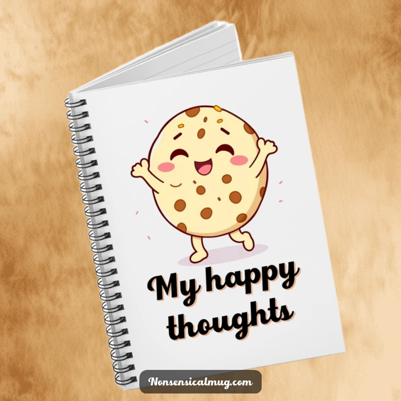 Funny delighted cookie character doing a happy dance with sprinkles on the cover of a notebook, for humorous note-taking.