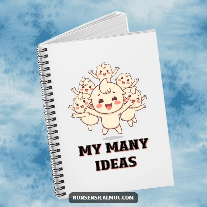 Funny notebook featuring a happy character splitting into multiple bouncing copies, perfect for notes, doodles, and capturing energetic ideas, a unique gift.