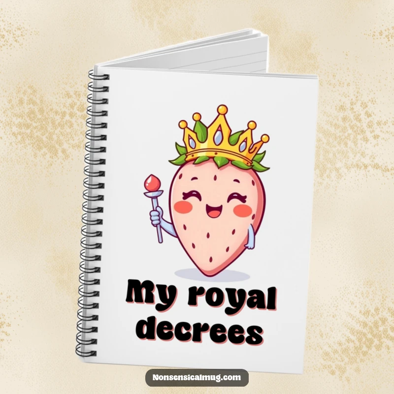 Funny smiling strawberry with a crown and scepter on the cover of a notebook, inspiring regal note-taking.