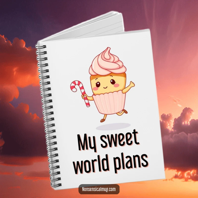 Funny kawaii cupcake character gleefully jumping rope with a candy cane, on the cover of a notebook, for humorous note-taking.