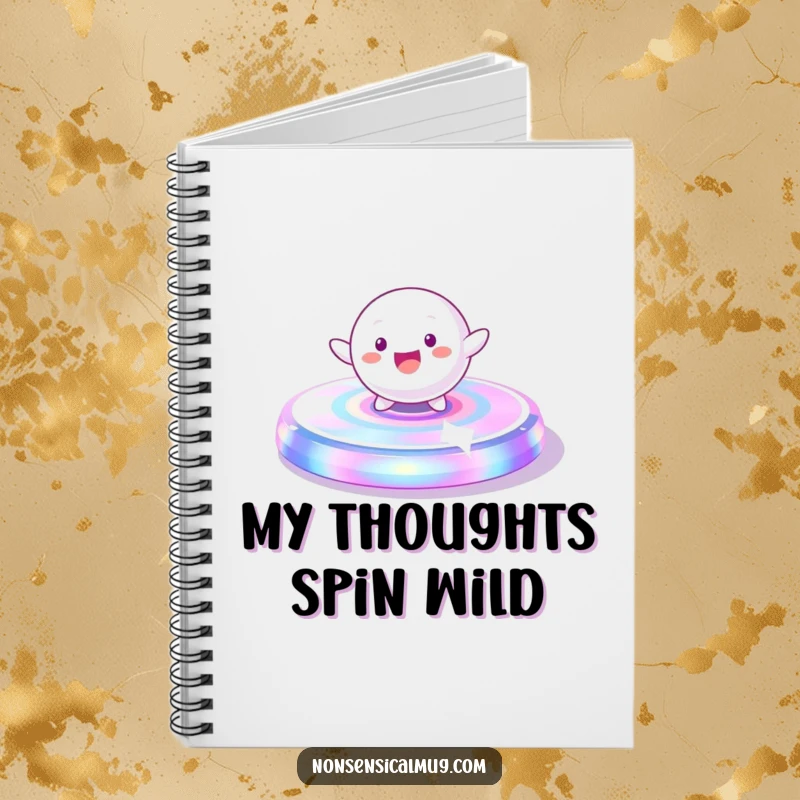 Funny Notebook: A playful, spherical character gleefully spinning on a vibrant, iridescent platform, perfect for capturing ideas.