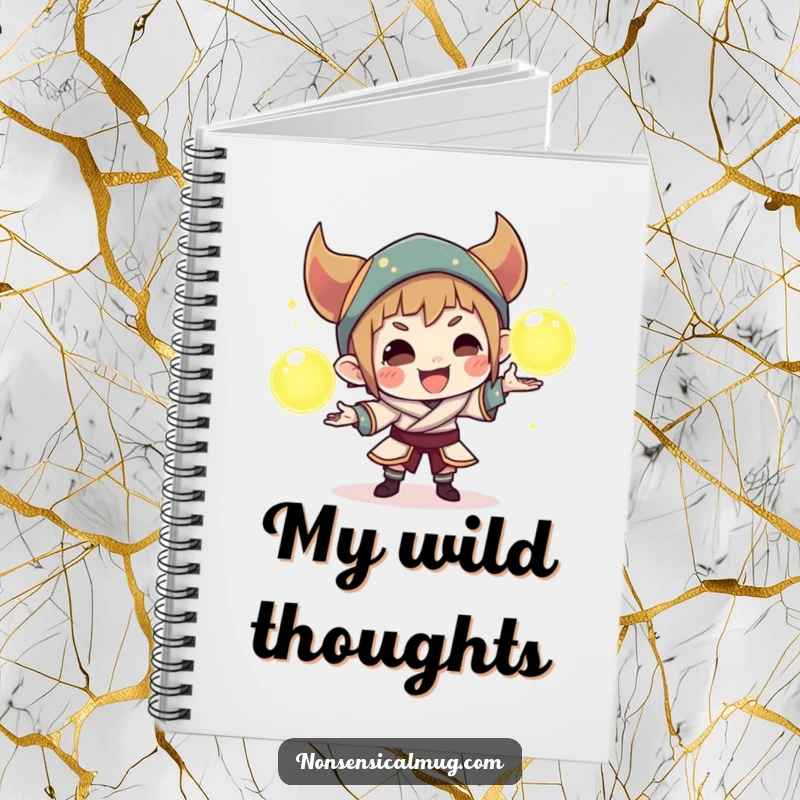 Funny notebook cover featuring a cunning character juggling three radiant orbs, ideal for jotting down ideas with a touch of magic.