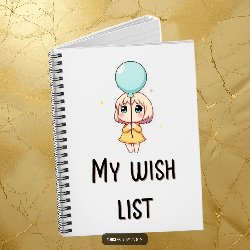 Funny notebook cover with a character holding a balloon and looking up dreamily, a whimsical journal for dreamers and planners.