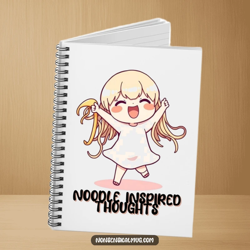 Funny notebook with a character gleefully dancing with a huge, wiggly noodle, perfect for notes, sketches, and capturing funny thoughts, an inspiring funny gift.