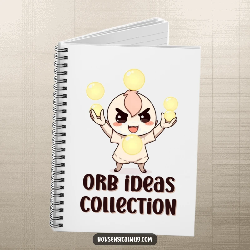 Funny notebook featuring a mischievous character juggling three glowing orbs, perfect for notes, doodles, and capturing creative, magical thoughts, a unique gift.