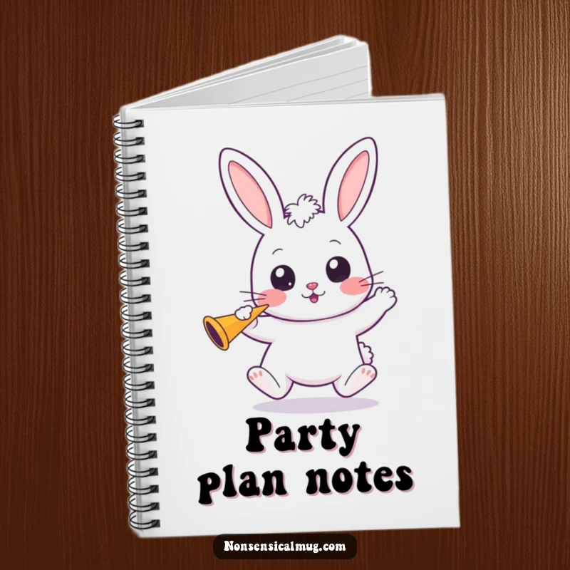 Funny Kawaii Bunny Notebook: A wide-eyed kawaii bunny bounces, holding a party horn, inspiring celebratory notes.