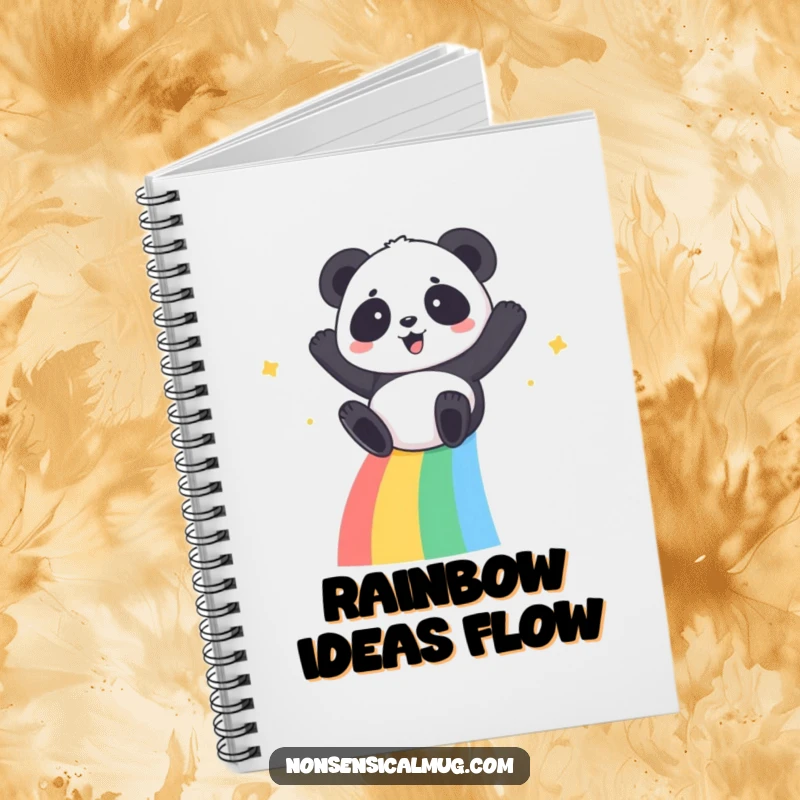 Kawaii Panda Notebook: A happy kawaii panda sliding down a vibrant rainbow, ready for note-taking.