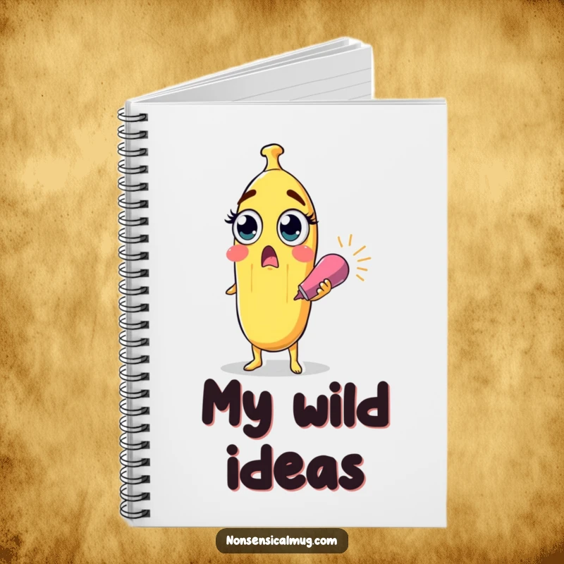 Funny surprised banana character with wide eyes holding a party popper on the cover of a notebook, for humorous note-taking.