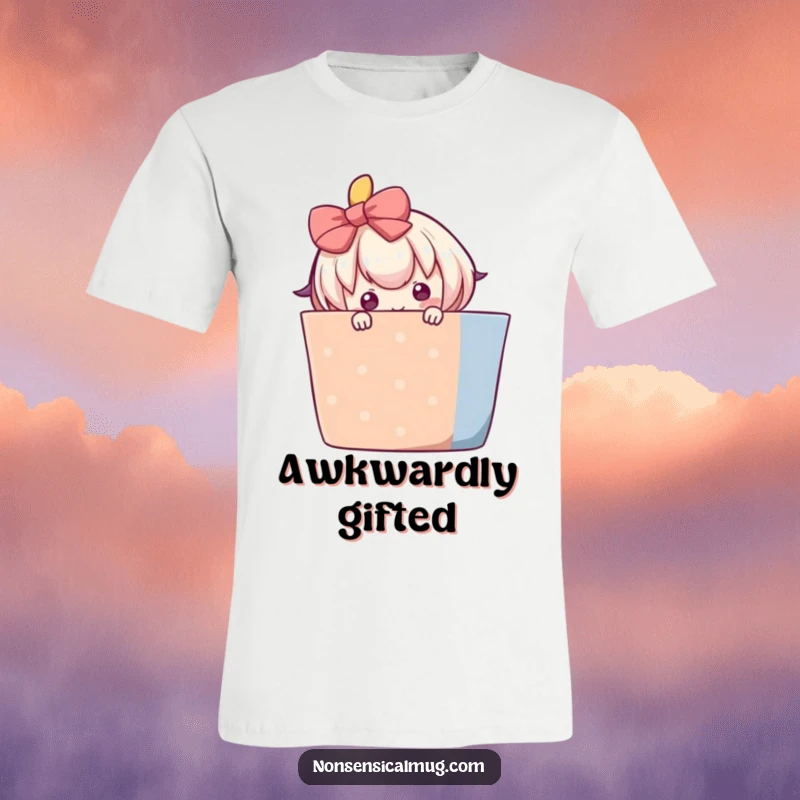 Funny t-shirt with a blushing character peeking from behind a large, colorful gift, a symbol of bashful joy.
