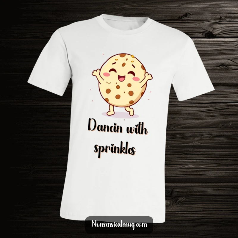 Funny delighted cookie character doing a happy dance with sprinkles on a t-shirt, a cheerful and humorous wearable.