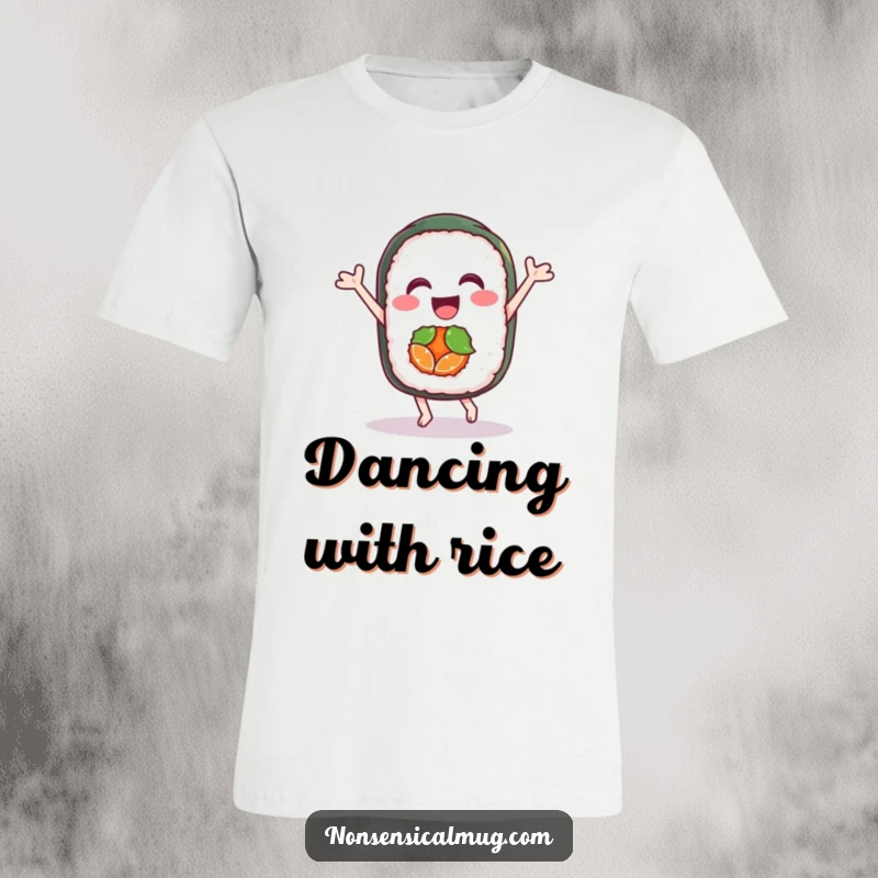 Funny t-shirt featuring a delighted sushi roll character performing a joyful dance, celebrating deliciousness with every move.