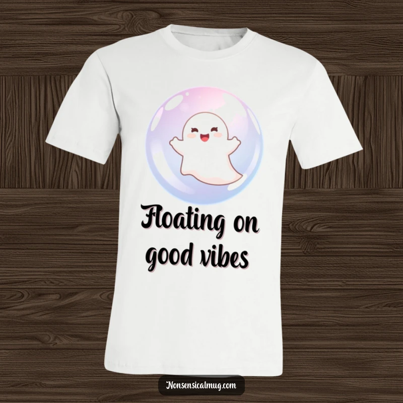Funny delighted ghost floating joyfully inside a large, transparent bubble on a t-shirt, radiating happiness.