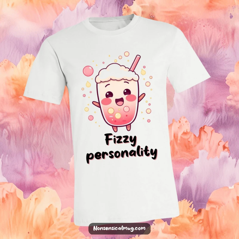 Funny t-shirt graphic of a bubbly soda character bursting with excitement, surrounded by effervescent fizz and playful bubbles.