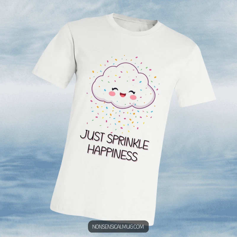 Funny t-shirt with a happy cloud raining a cascade of bright, colorful confetti, symbolizing a burst of cheerful celebration.