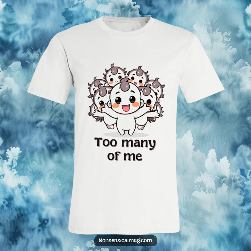 Funny t-shirt showing a cheerful character explosively multiplying into many identical, bouncy figures, full of playful motion.