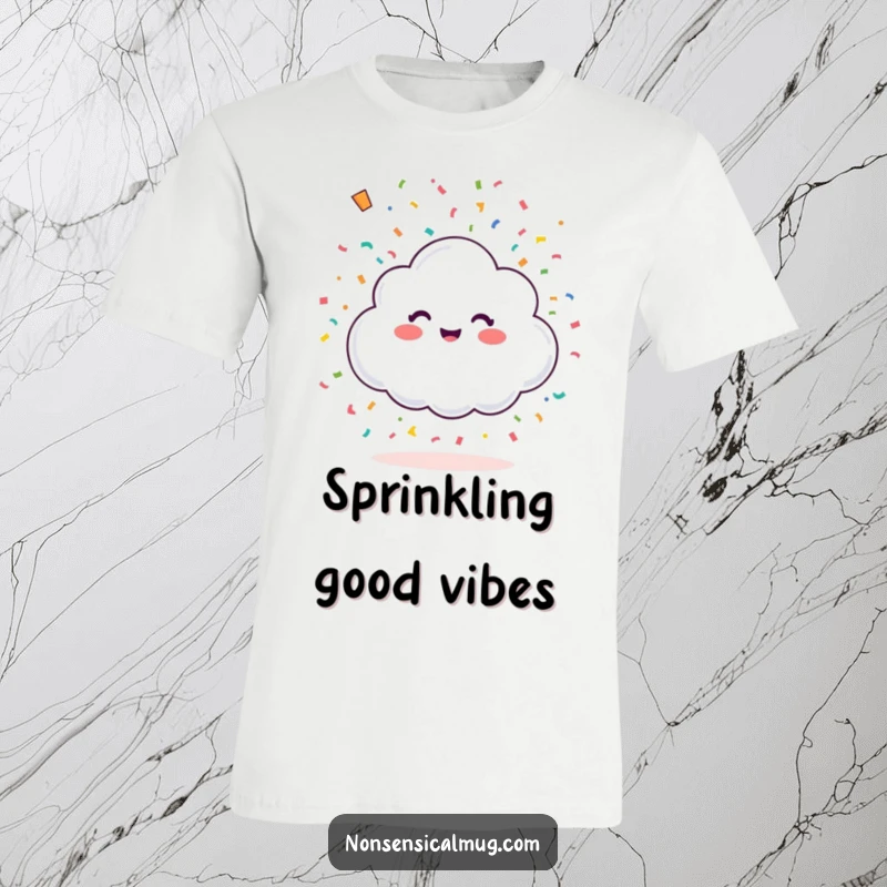 Funny happy little cloud showering colorful confetti from above on a t-shirt, a joyous depiction of celebration and festive spirit.