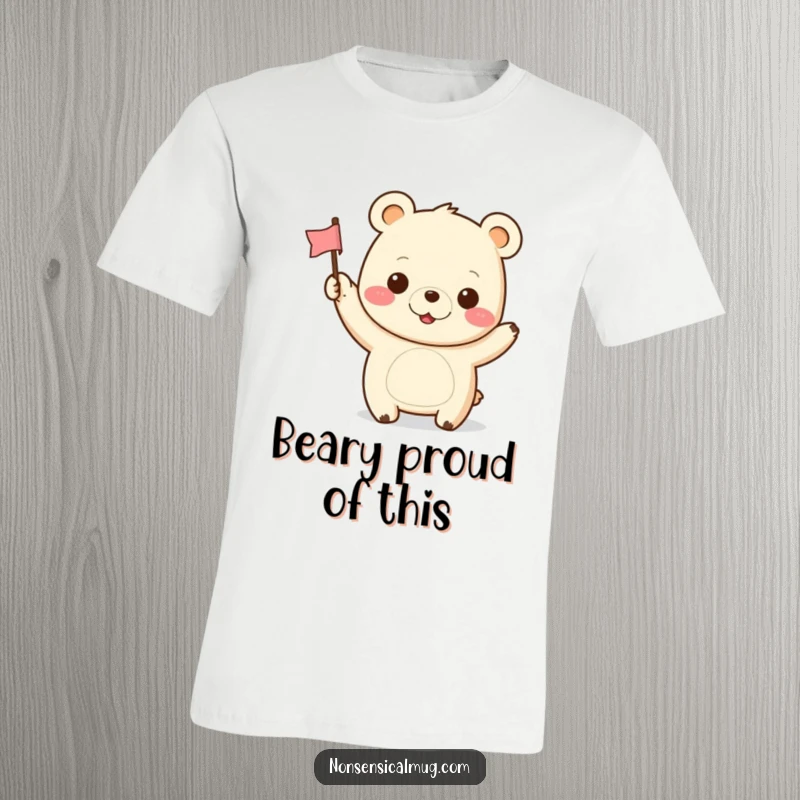 Funny Kawaii Bear T-Shirt: A joyful bear cheerfully waves a small flag, embodying pure happiness and playful fun.