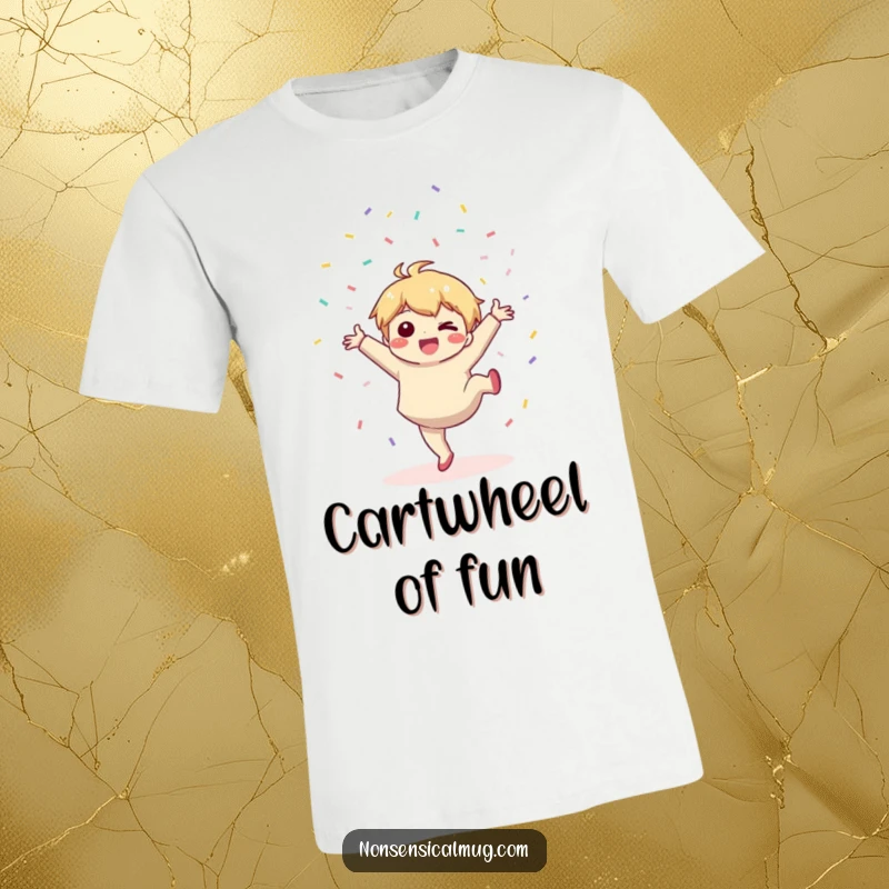 Funny T-Shirt: A cute kawaii character does a joyful cartwheel, scattering confetti everywhere.