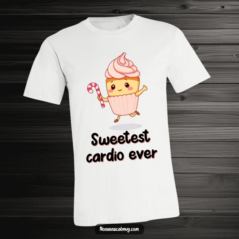 Funny kawaii cupcake character enthusiastically jumping rope with a candy cane, printed on a comfortable t-shirt, a humorous wearable treat.