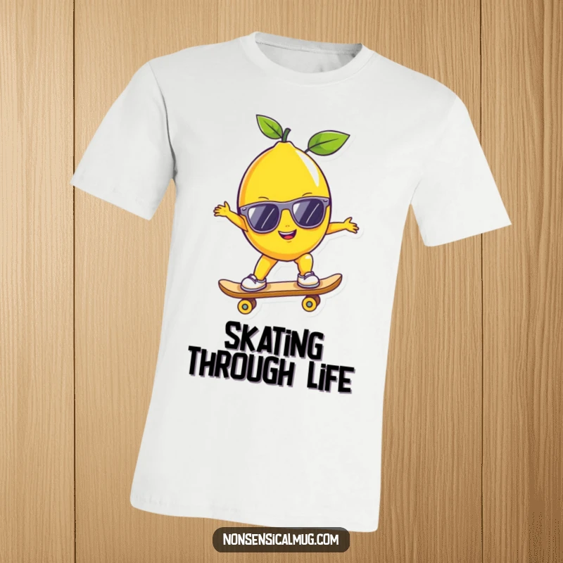 Funny lemon t-shirt with sunglasses, skateboarding effortlessly, radiating cool and humorous vibes.