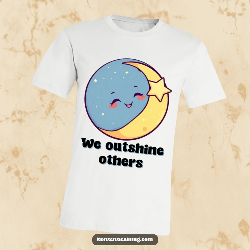 Funny smiling moon winking playfully at a bright, twinkling star on a t-shirt, conveying celestial fun.