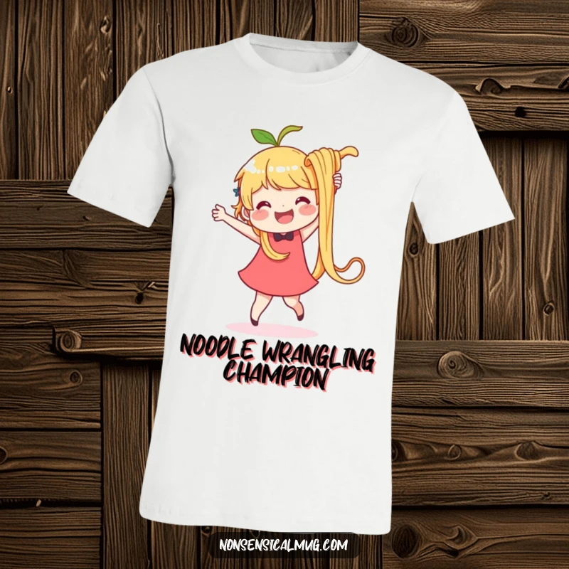 Funny T-shirt featuring a joyful character dancing with one huge, wiggling noodle. A playful and humorous apparel choice.