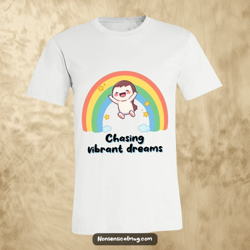 Funny T-Shirt: A laughing character joyfully slides down a colorful rainbow, surrounded by whimsical trailing stars.