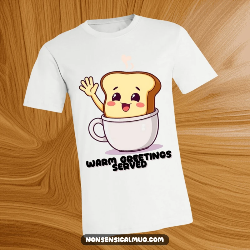 Funny smiling toast character excitedly waving from a steaming mug on a t-shirt, a cheerful and warm representation of breakfast.