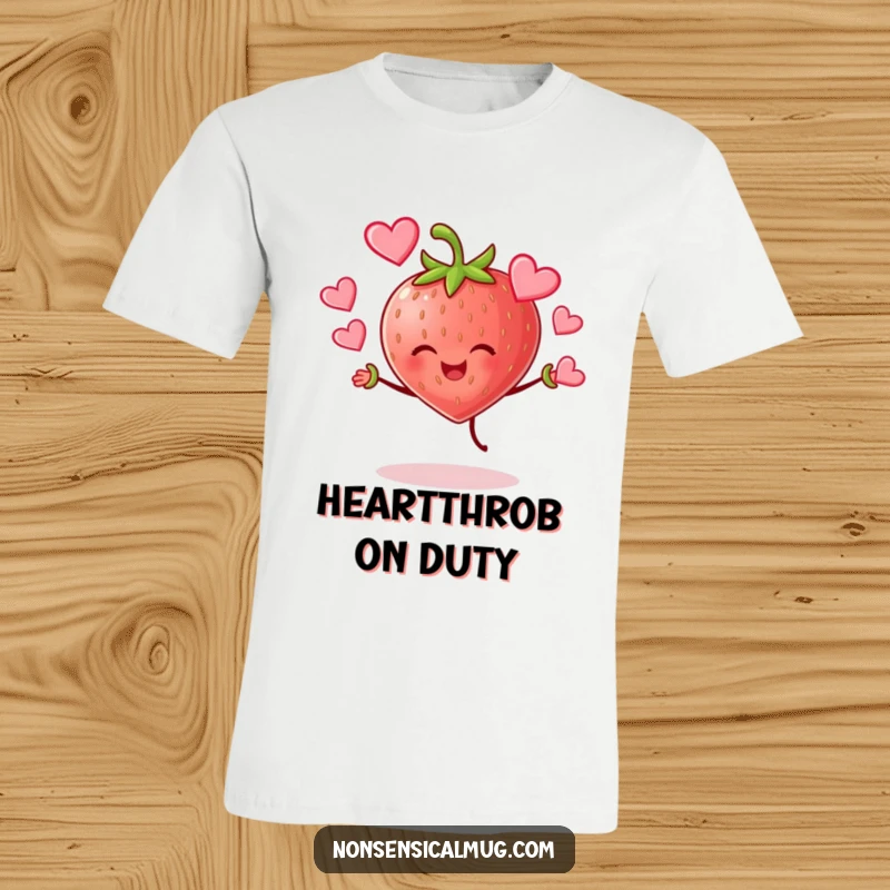 Funny cheerful strawberry character joyfully juggling hearts on a comfortable tee, a lovely and funny graphic.