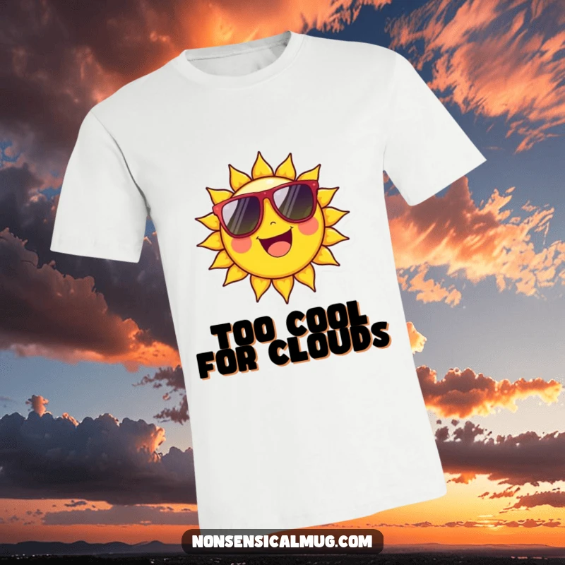 Funny T-Shirt: Cheerful sun character beaming with personality behind oversized sunglasses, looking stylish.
