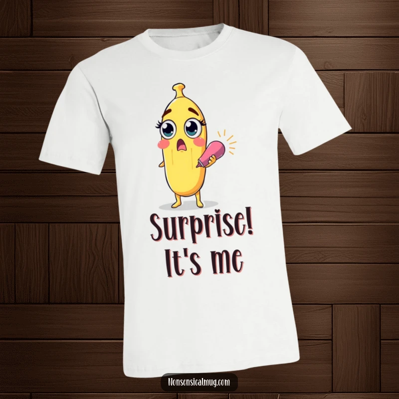 Funny surprised banana character with wide eyes holding a party popper on a t-shirt, a humorous and eye-catching design.