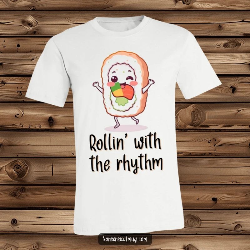 Funny sushi roll character performing an energetic jig, full of joy and movement, printed on a fun t-shirt.