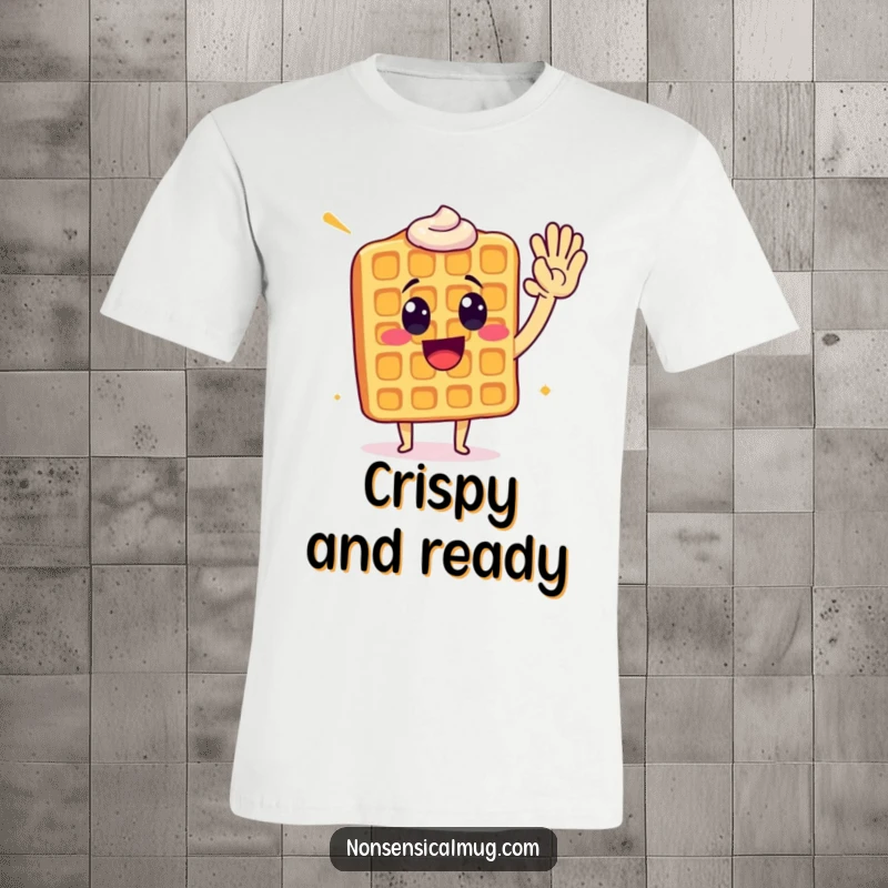 Funny waffle giving a high five, printed on a t-shirt for humorous and energetic apparel.