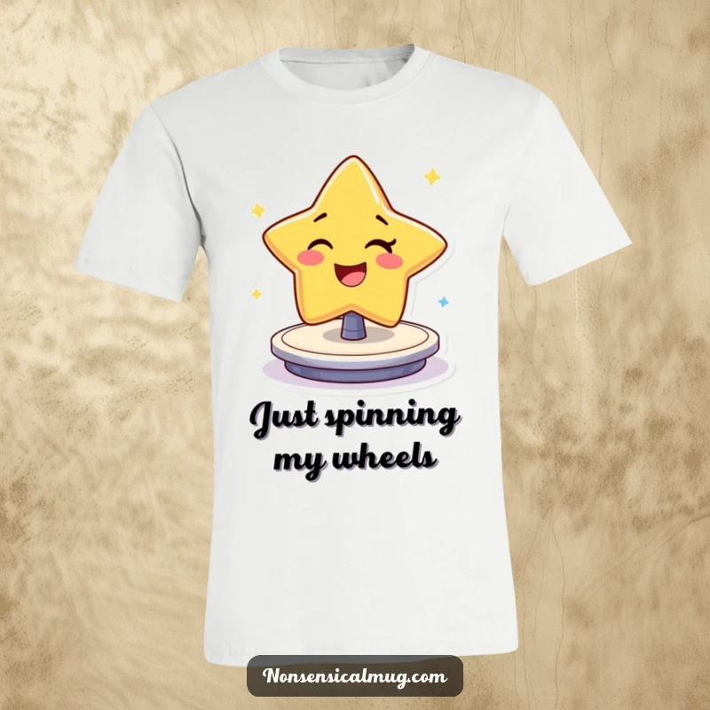 Funny T-Shirt: Cheerful star character winking and spinning excitedly on a platform, capturing pure fun.