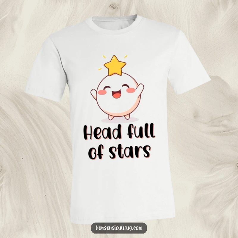 Funny T-Shirt: A cheerful, round character gleefully bouncing a radiant star off its head, full of positive energy.