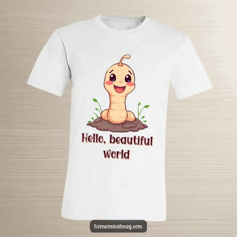 Funny T-Shirt: Happy worm character joyfully emerging from the ground, bringing a smile.