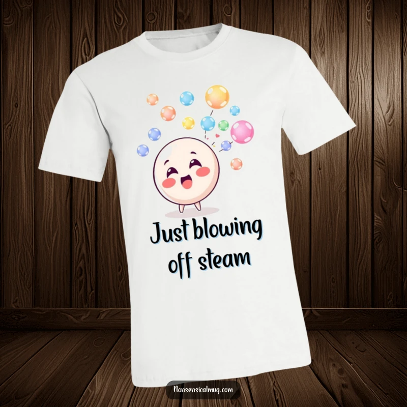 Funny T-Shirt: A delighted circle character joyfully blowing a stream of colorful, floating bubbles, perfect for casual fun.
