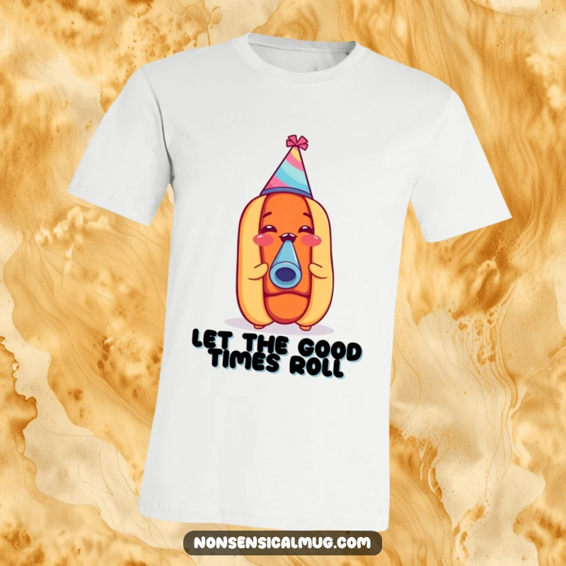 Funny hot dog in a party hat, blowing a noisemaker, looking happy, printed on a t-shirt for a celebratory statement.
