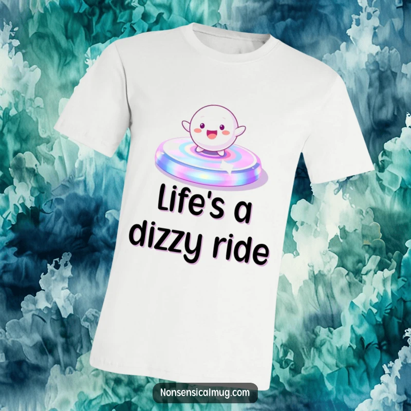 Funny T-Shirt: A playful, spherical character gleefully spinning on a vibrant, iridescent platform, radiating energy.