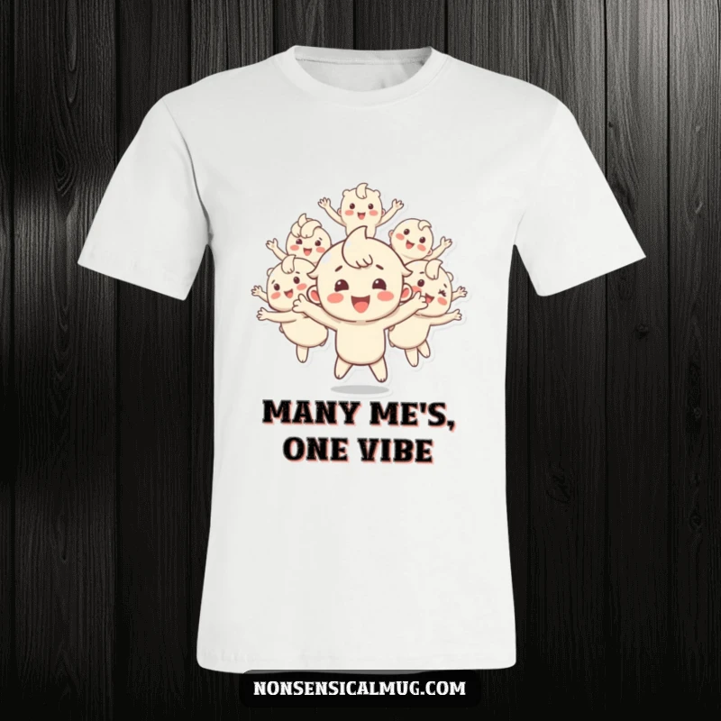 Funny t-shirt depicting a joyful character spontaneously splitting into multiple, energetic, bouncing versions of itself, radiating happiness and playful chaos, a cool present.