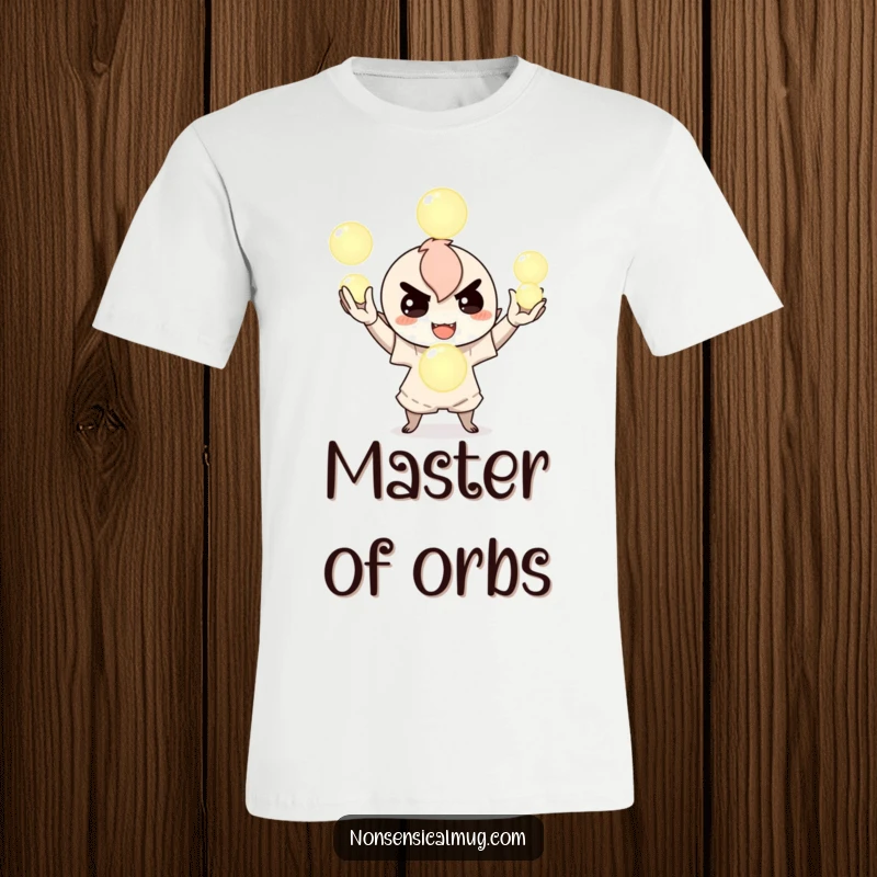 Funny t-shirt of a mischievous character juggling three luminous orbs with a sly smile, radiating playful energy and magical charm, a cool present.