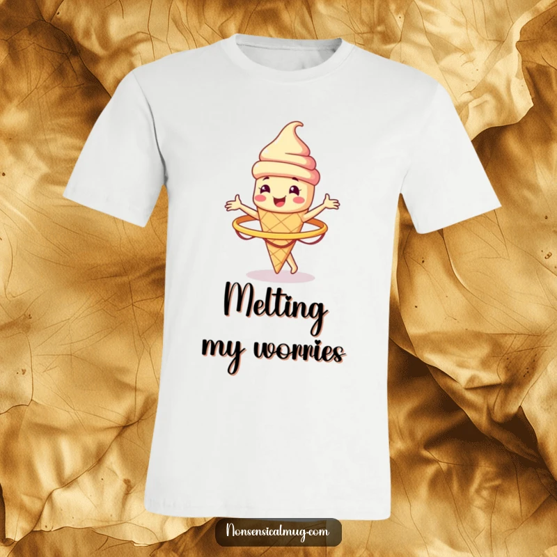Funny smiling ice cream cone character spinning a hula hoop on a t-shirt, a playful and humorous wearable.
